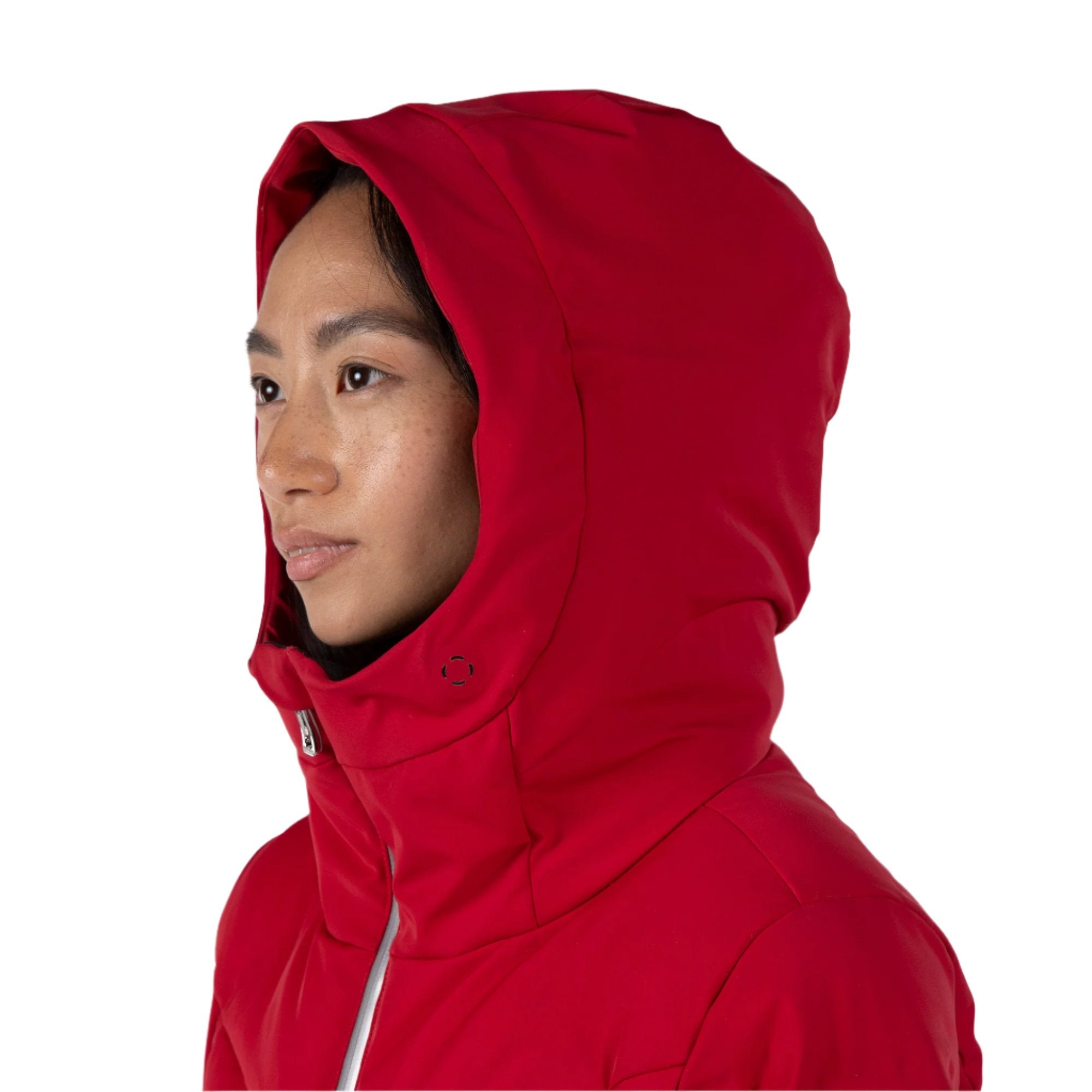 Rossignol Women's Blackside Puffy Jacket - A black puffy jacket with a hood, featuring a zipper and two silver zippers on the chest.