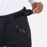 Rossignol Women's Blackside Insulated Pant 2025 - A pair of black insulated ski pants with a zippered pocket on the right thigh and two snap buttons at the waistband.