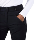 Rossignol Women's Blackside Insulated Pant 2025 - A pair of black insulated ski pants with two snap buttons on the waistband and a zippered pocket on the side.
