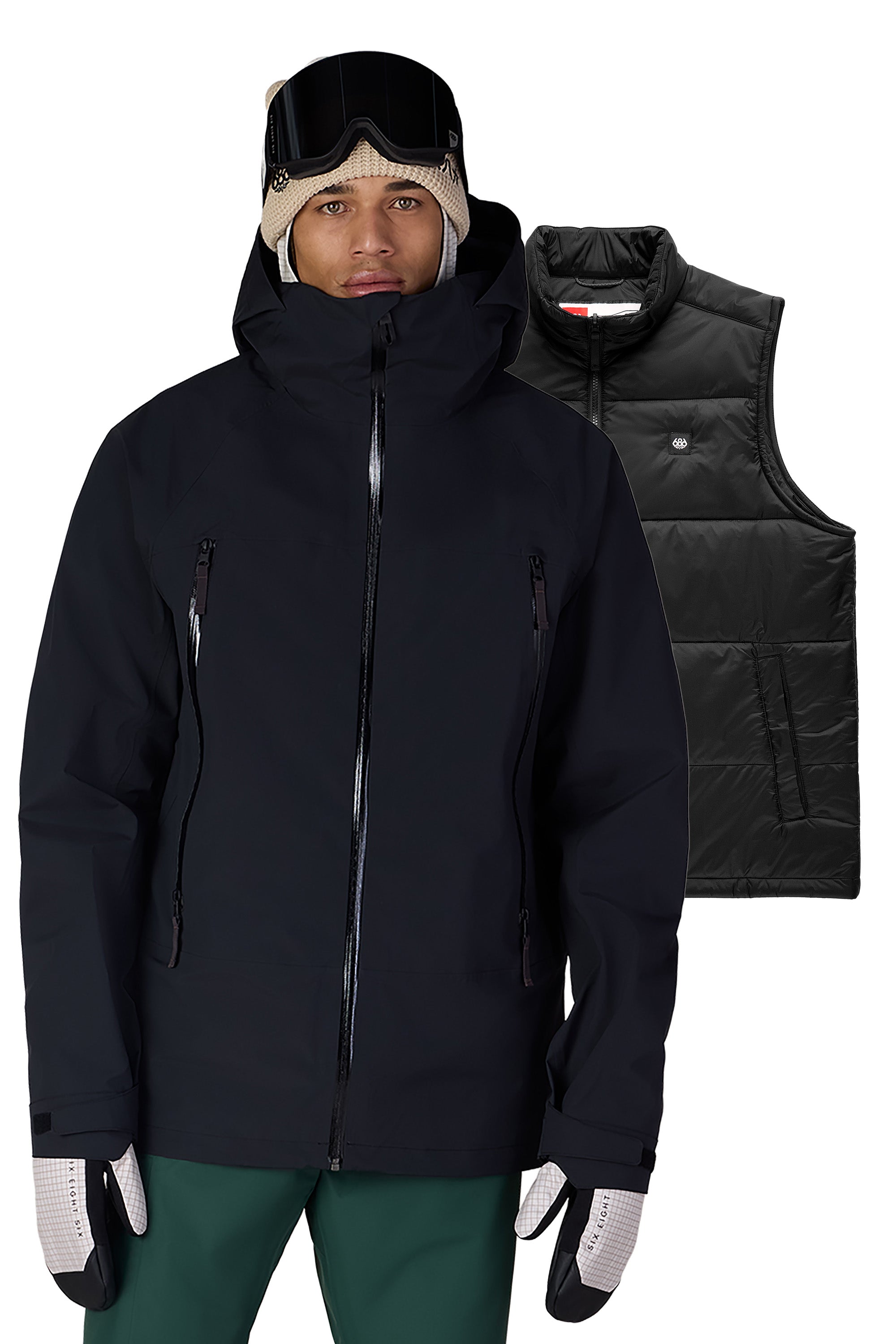 Men's black 3-in-1 hooded jacket with full-zip and padded liner vest