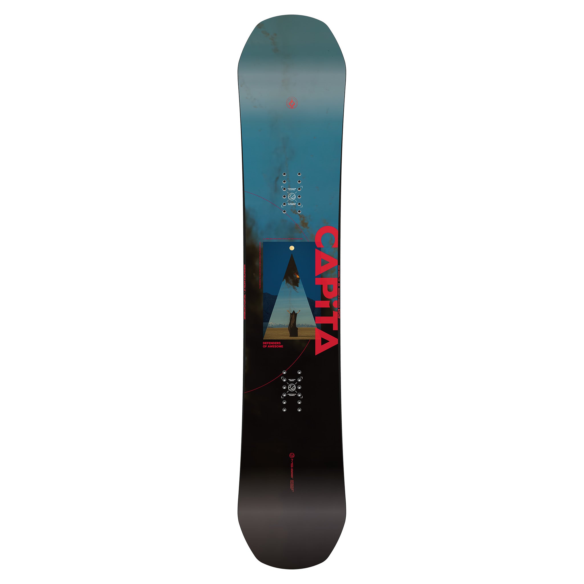 CAPiTA Defenders Of Awesome Snowboard 2025 - A blue and black snowboard with a large "A" logo on top, featuring a person standing in front of a mountain range.
