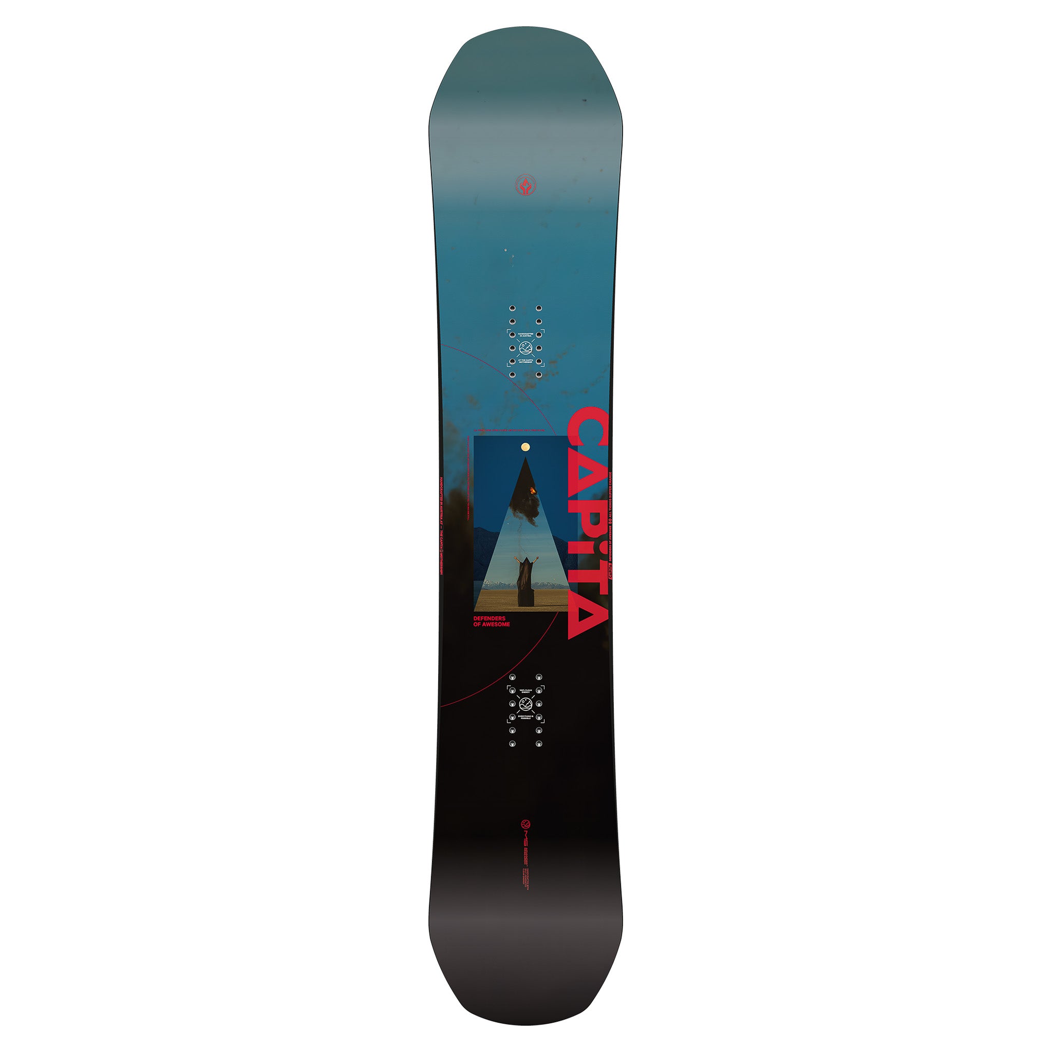 CAPITA Defenders Of Awesome Snowboard 2025 - A blue snowboard with a white logo and red lettering on top of a brown background.