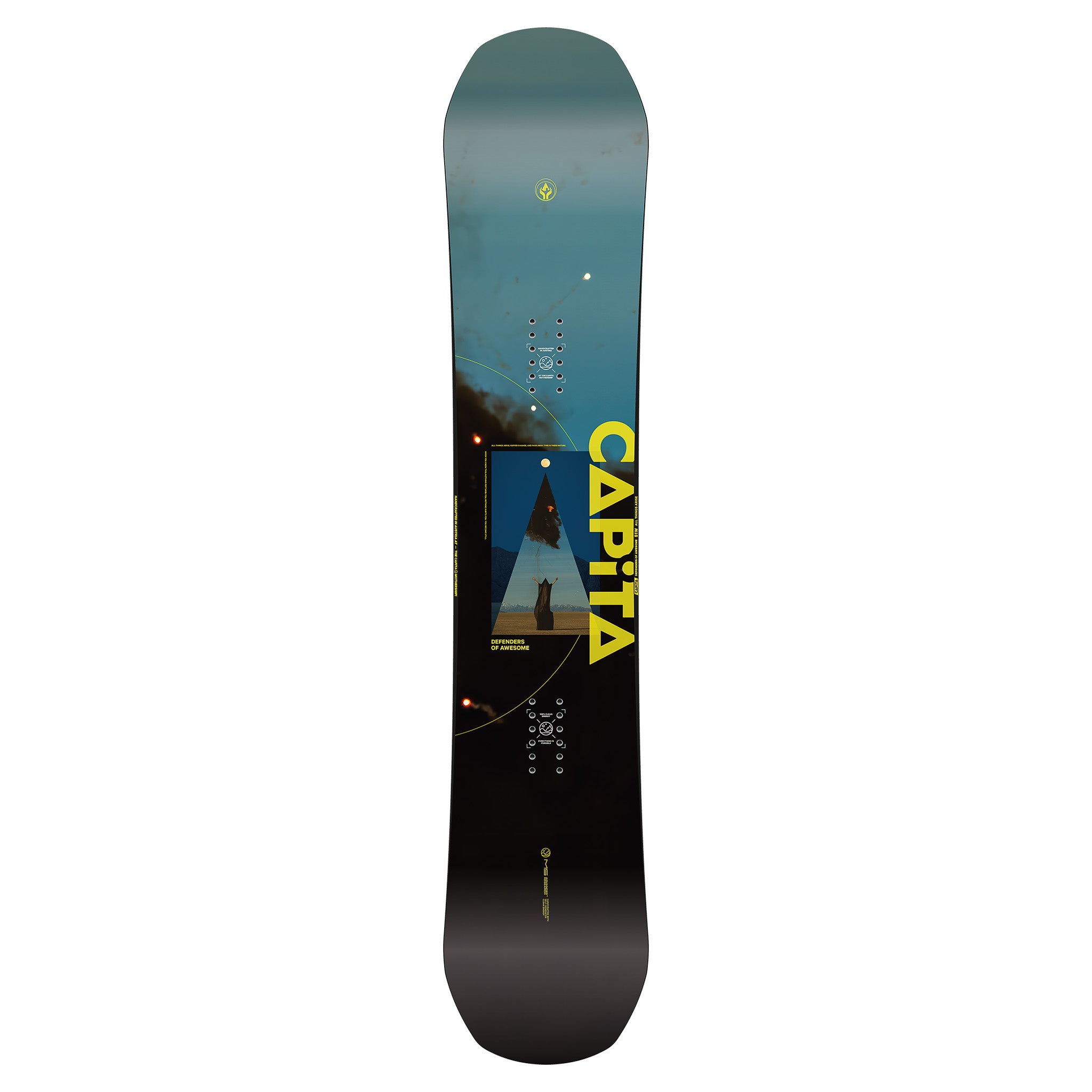 CAPiTA - Defenders of Awesome snowboard with a blue and black background, featuring a large "A" logo in yellow at center.