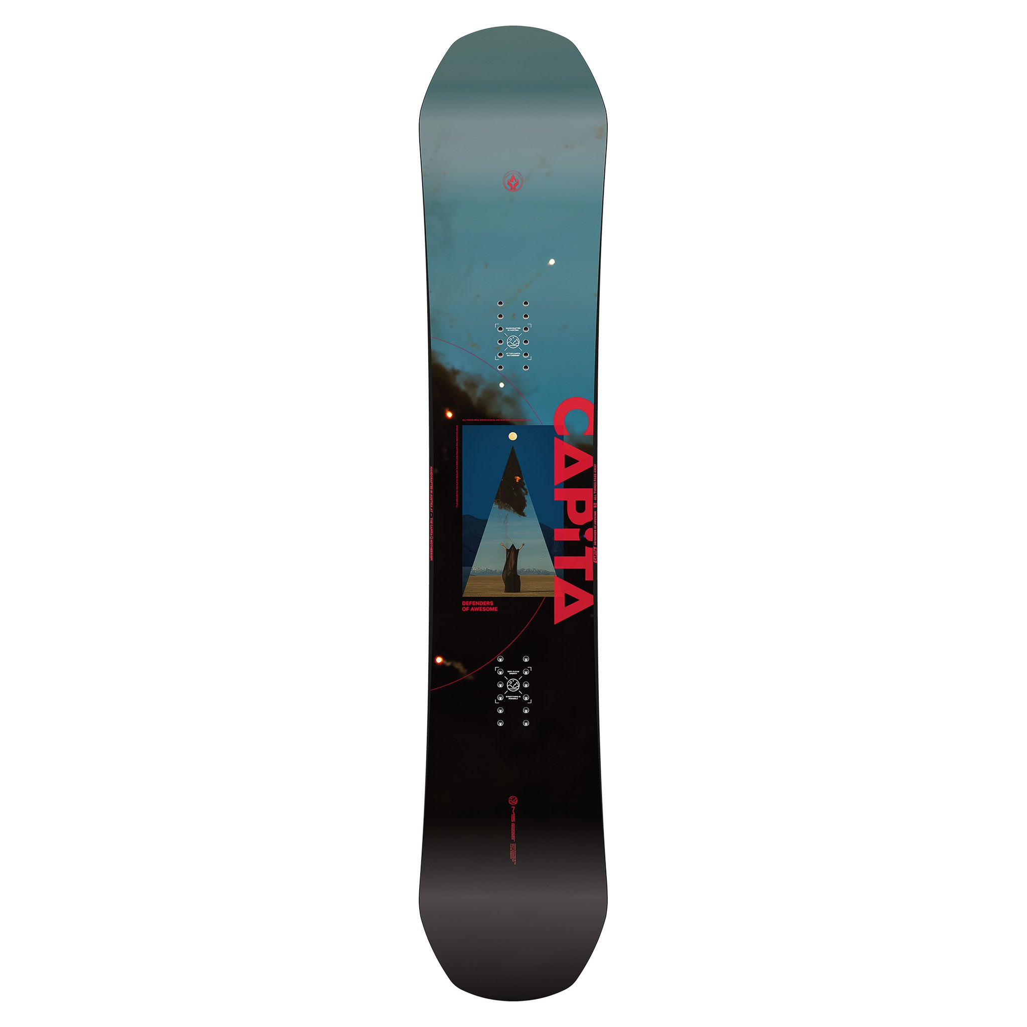 CAPITA Defenders Of Awesome Snowboard 2025 - A blue and black snowboard with a large "DOA" logo in white on top of a mountain graphic.