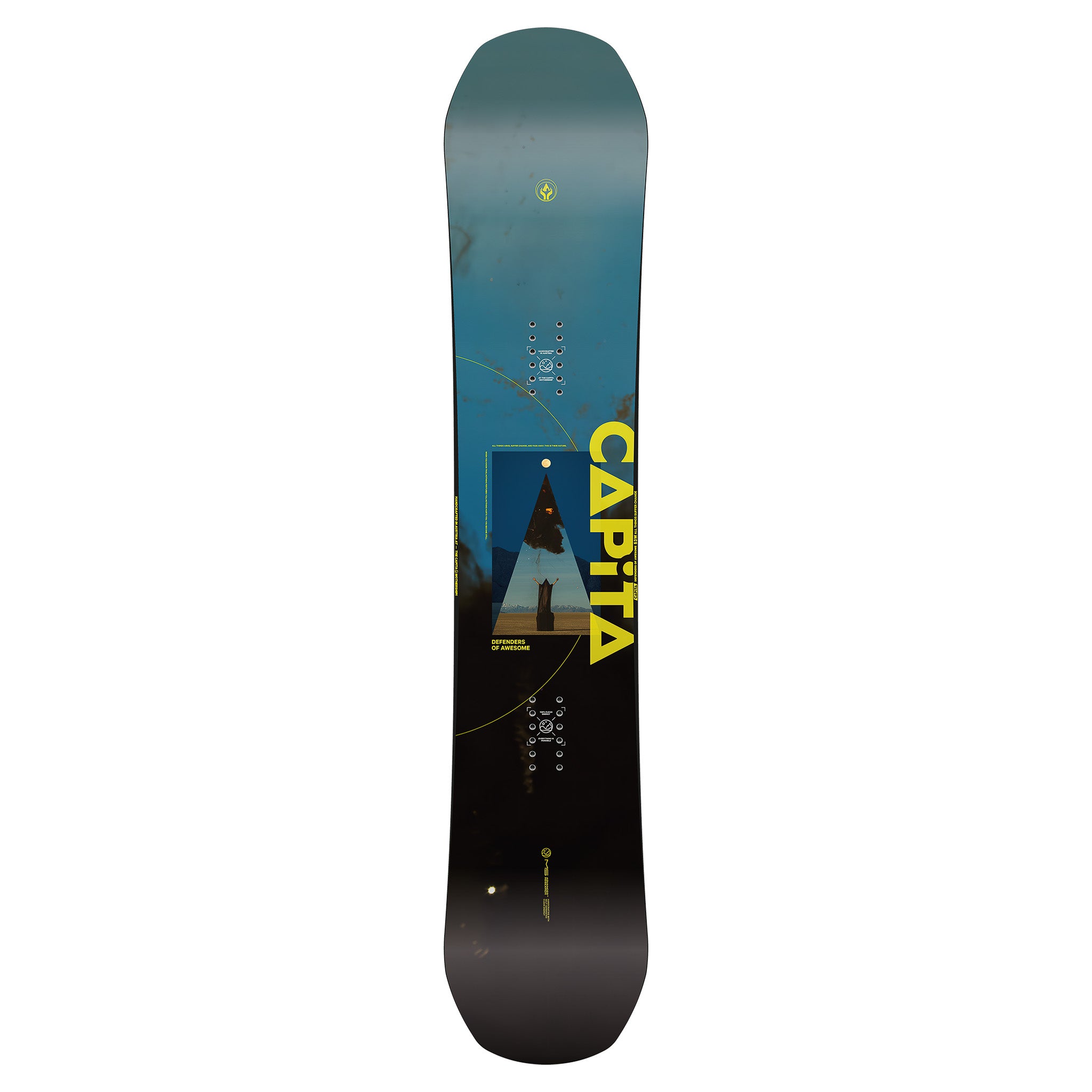 CAPiTA Defenders Of Awesome Snowboard 2025 - A blue and black snowboard with a large "A" logo on top of a mountain graphic.