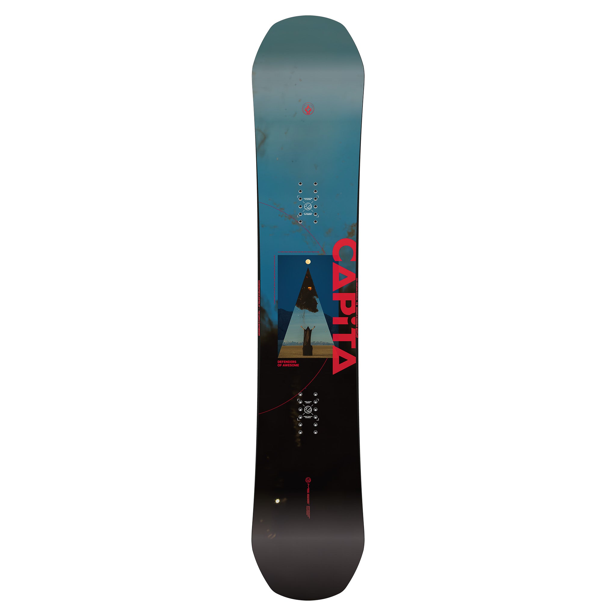 CAPiTA Defenders Of Awesome Snowboard 2025 - A blue snowboard with a black and white geometric pattern on top of a brown background.