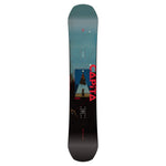 CAPiTA Defenders Of Awesome Snowboard 2025 - A blue and black snowboard with a red logo on top, featuring a mountain range in the background.