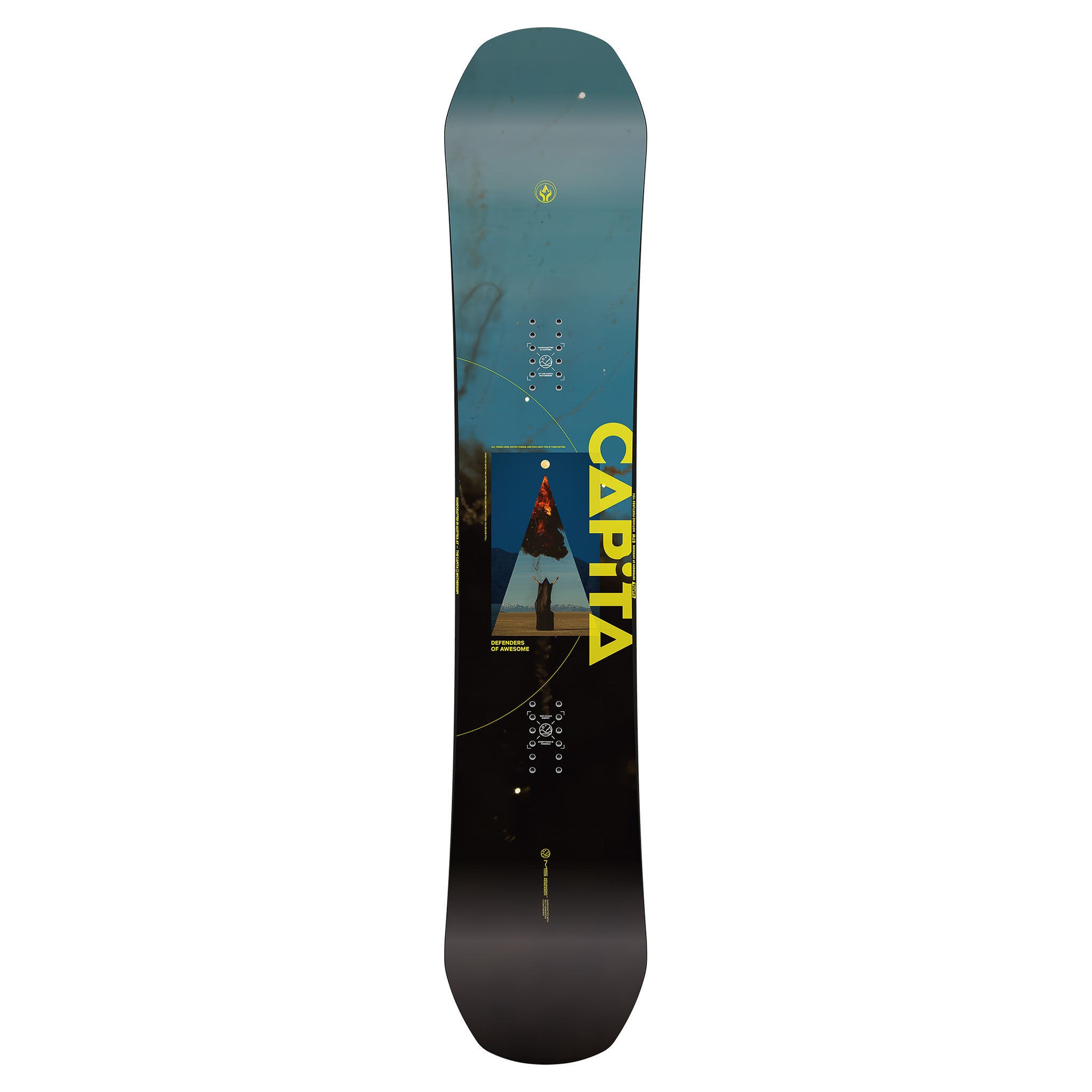 CAPiTA - Defenders of Awesome Snowboard 2025 with a blue background and a red, white, and black logo.