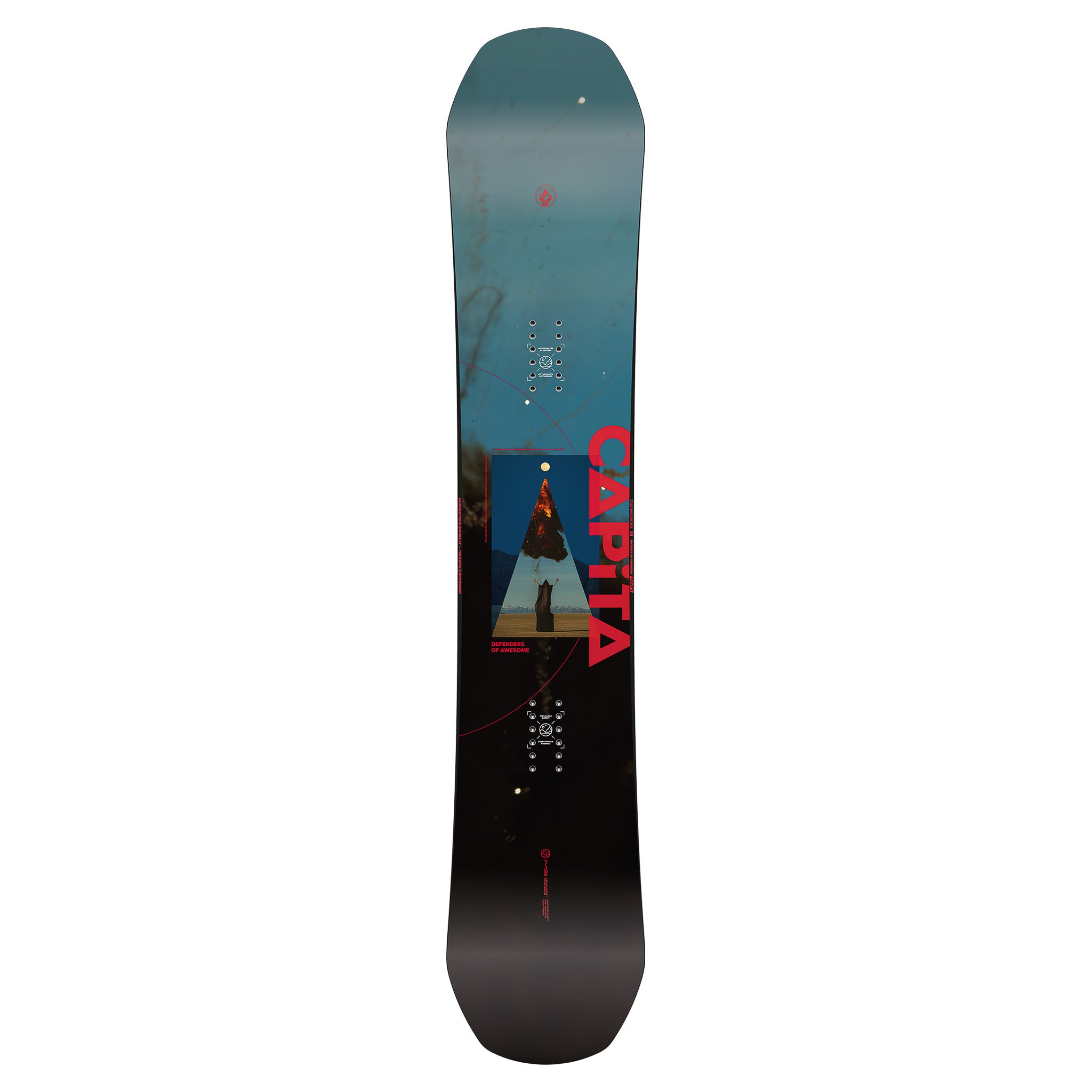 CAPiTA Defenders Of Awesome Snowboard 2025 - A blue snowboard with a red and white logo on top, featuring a mountain range in the background.