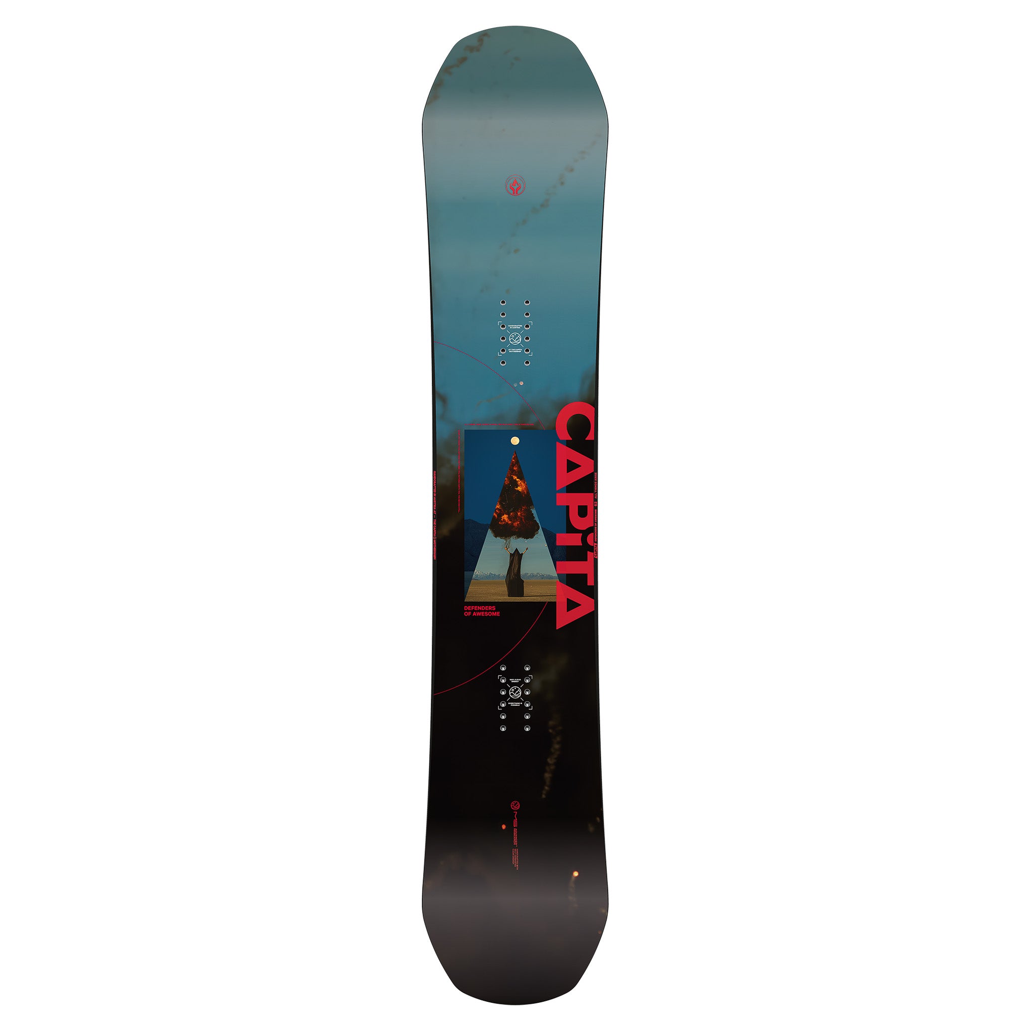 CAPITA Defenders Of Awesome Snowboard 2025 - A blue snowboard with a white logo and red lettering on top of a brown background.