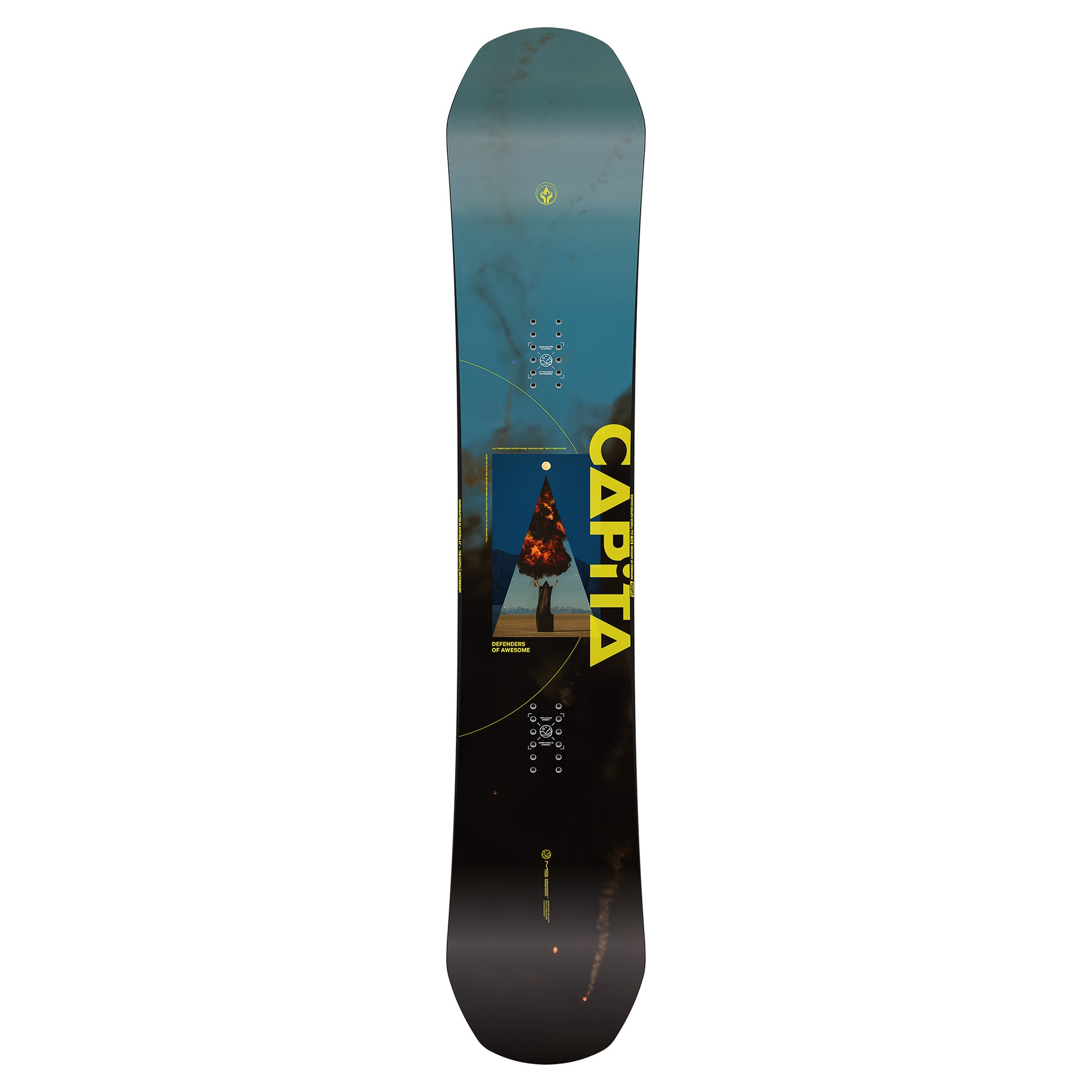 CAPiTA - Defenders of Awesome Snowboard 2025 is shown from a front perspective, featuring a blue background with white and black accents.