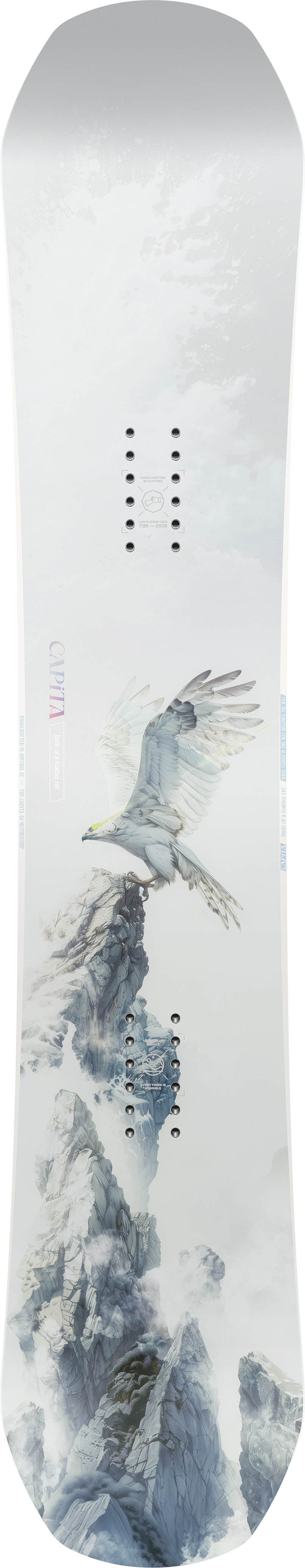 CAPiTA Women's Birds of a Feather Snowboard 2026 - A white snowboard with a bird design on top, featuring a light blue and gray pattern.