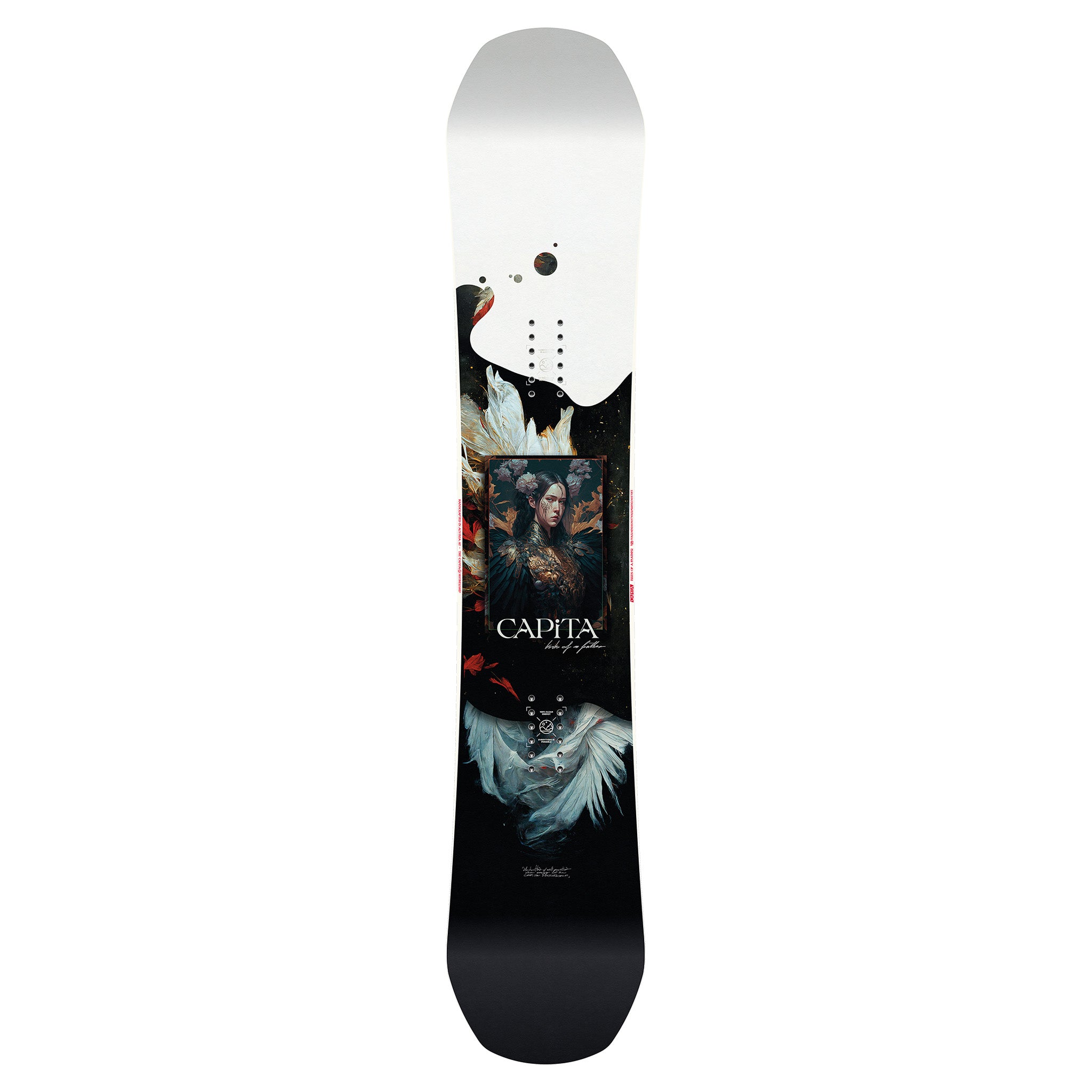 CAPiTA Women's Birds of a Feather Snowboard 2025 - A white snowboard with a black and red design featuring birds, flowers, and feathers.