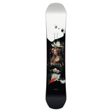 CAPiTA Women's Birds of a Feather Snowboard 2025 - A black snowboard with a woman wearing a gold feathered headdress and dress, standing in front of a dark green background.