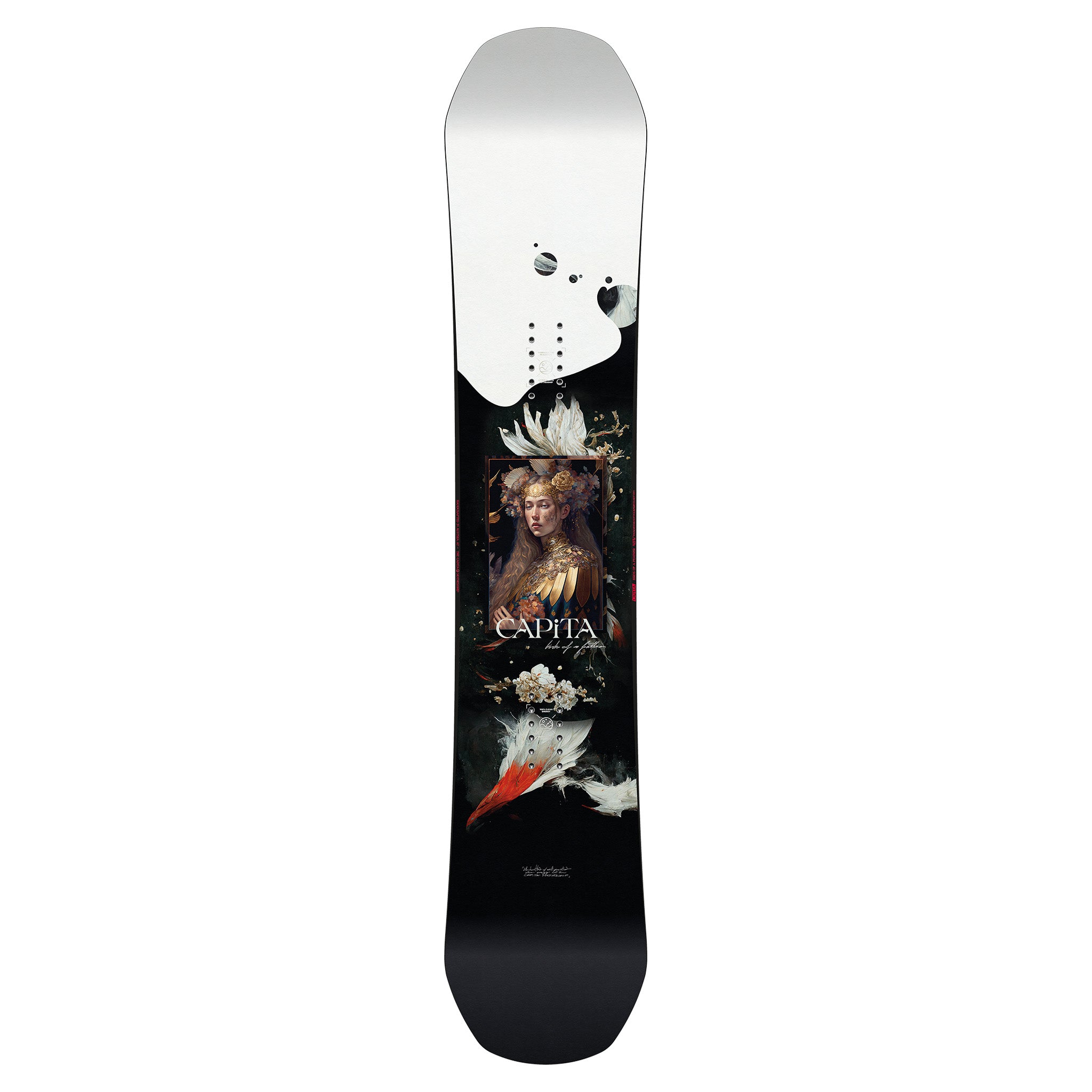 CAPiTA Women's Birds of a Feather Snowboard 2025 - A black snowboard with a woman wearing a gold feathered headdress and dress, standing in front of a dark green background.