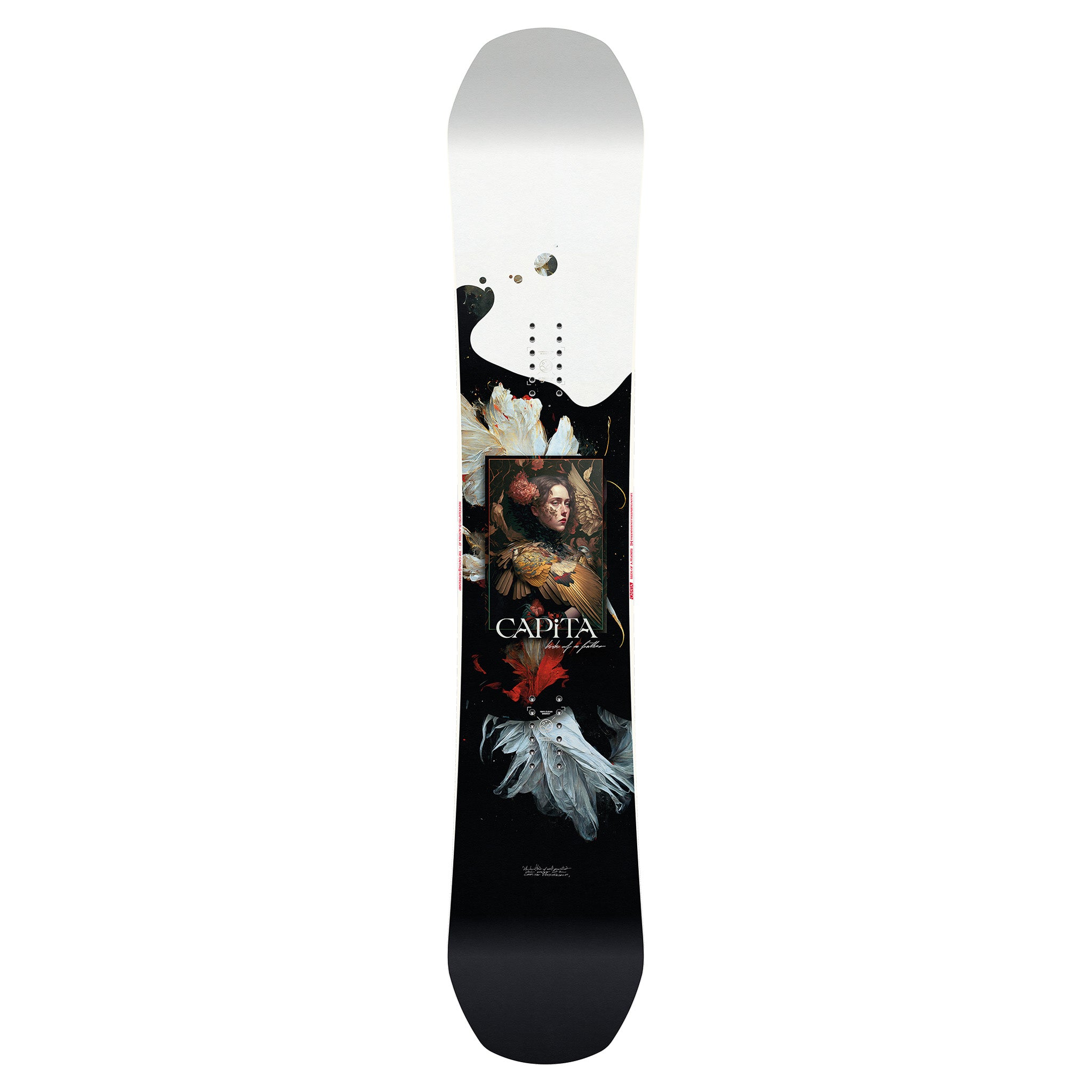 CAPiTA Women's Birds of a Feather Snowboard 2025 - A black snowboard with white and red floral designs, featuring a woman's face in the center.
