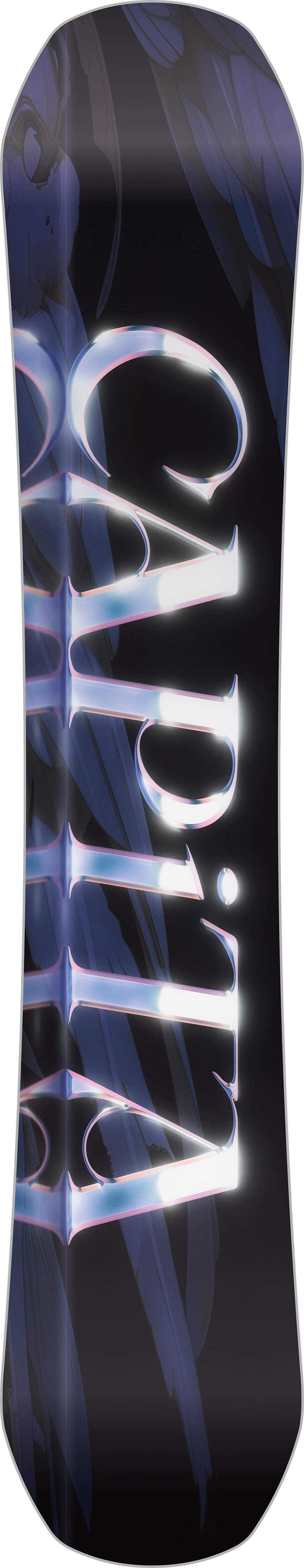 CAPiTA Women's Birds of a Feather Snowboard 2026 - A snowboard with a black background and a large, stylized bird design in shades of blue and purple.