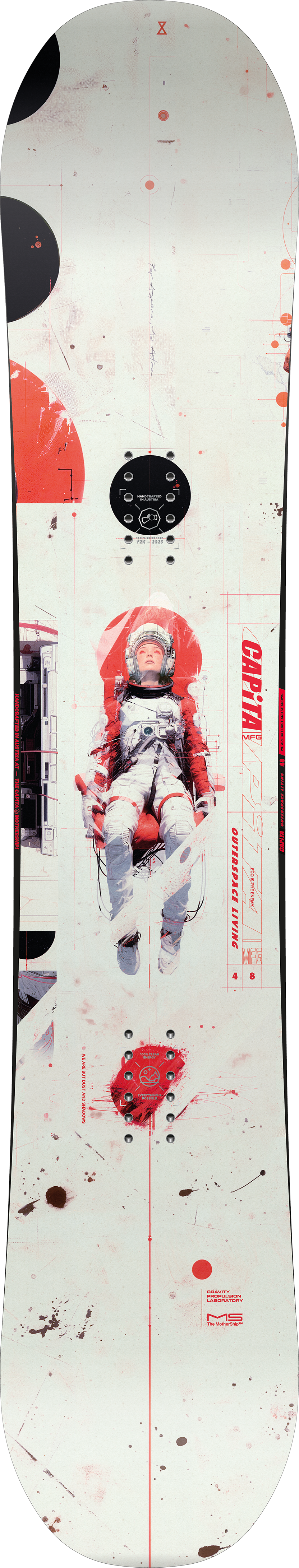 CAPiTA Outerspace Living Snowboard 2026 - A white snowboard with a red and black design, featuring an astronaut in space on its top side.