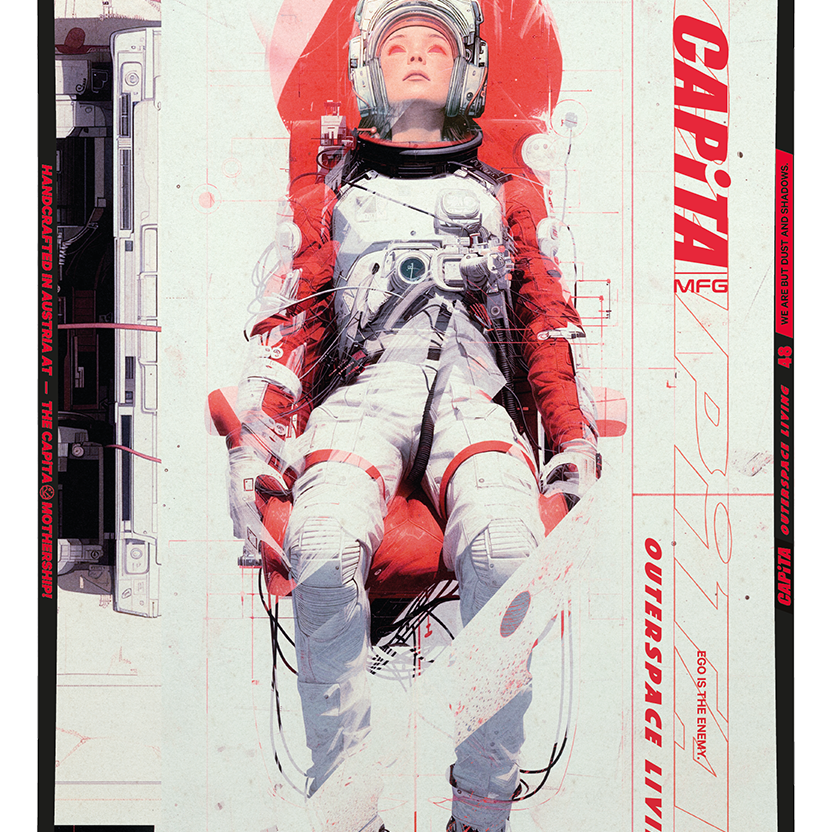 CAPiTA Outerspace Living Snowboard 2026 - A white snowboard with a red and black design, featuring an astronaut in space on its top side.