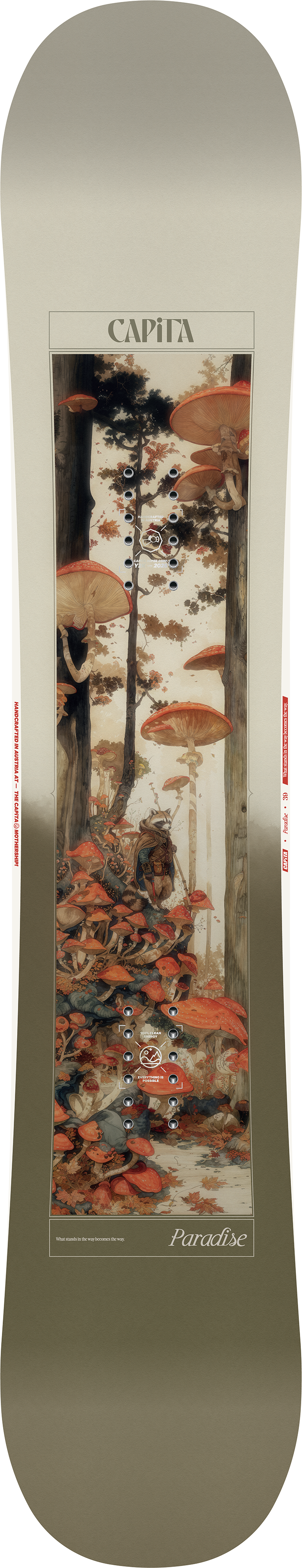 CAPiTA Women's Paradise Snowboard 2026 - A snowboard with a white base and red accents, featuring a forest scene on its top side.