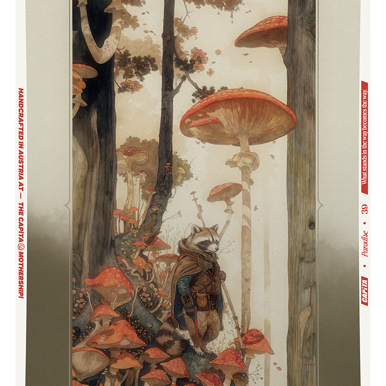 CAPiTA Women's Paradise Snowboard 2026 - A snowboard with a white base and red accents, featuring a forest scene on its top side.