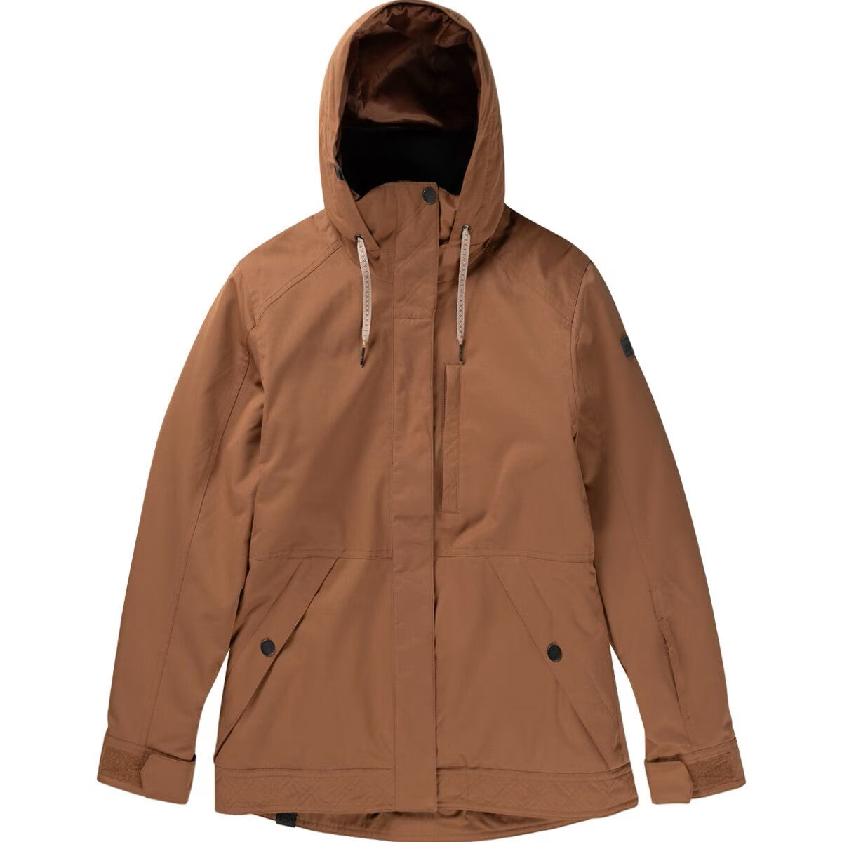 Roxy Women's Billie Insulated Jacket 2025 - A tan-colored jacket with a hood, featuring two zippered pockets on the front and a drawstring at the waist.
