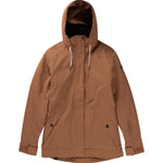 Roxy Women's Billie Insulated Jacket 2025 - A tan-colored jacket with a hood, featuring two zippered pockets on the front and a drawstring at the waist.