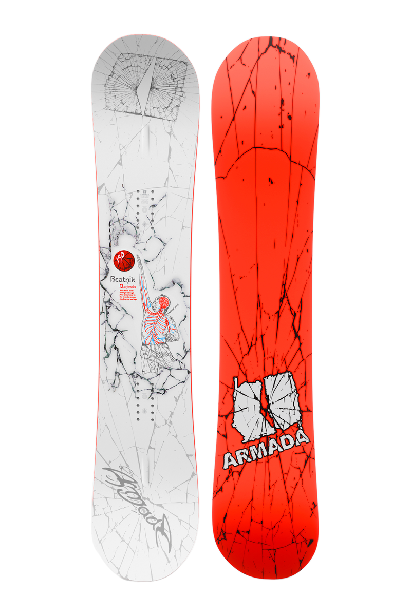 Two snowboards shown: one white design board and one red Armada board.