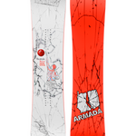 Two snowboards shown: one white design board and one red Armada board.