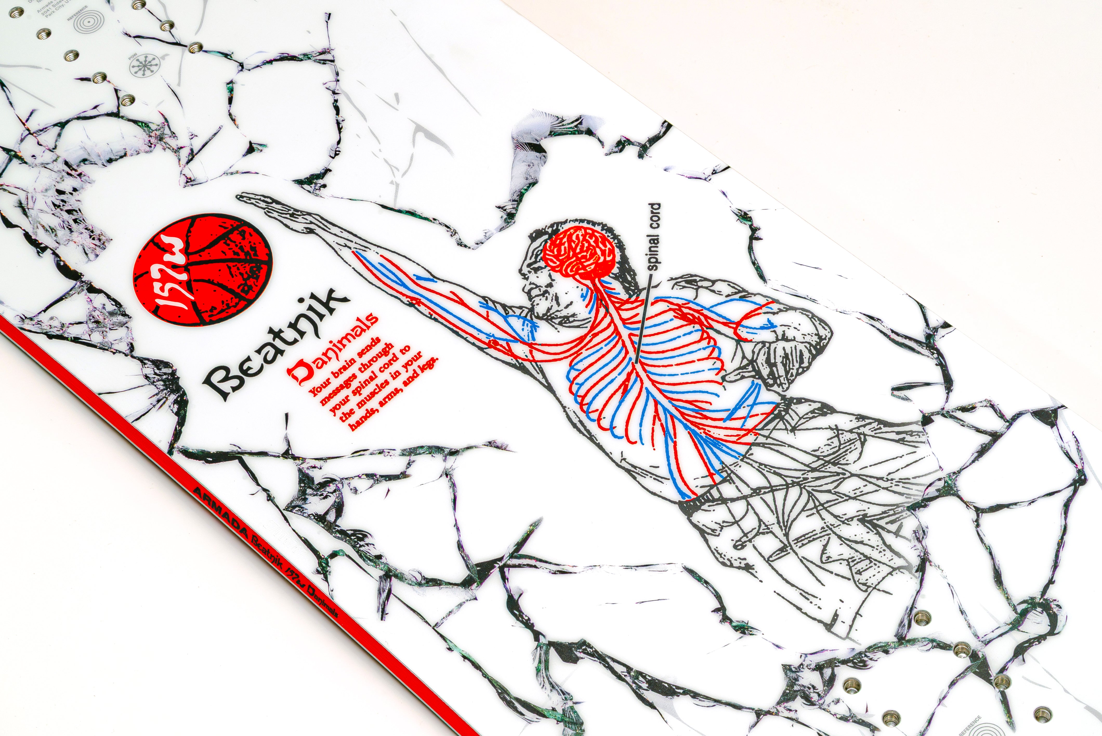 White snowboard top with rider illustration, blue/red accents, and red circular badge.