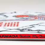 White snowboard with “ARMADA Beatnik” logo on the red edge stripe.