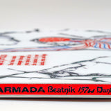 White snowboard with “ARMADA Beatnik” logo on the red edge stripe.