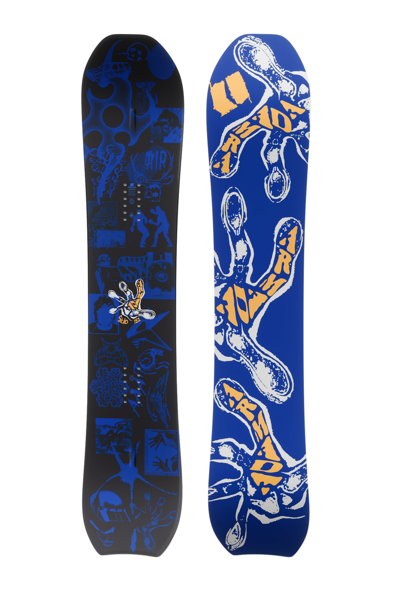 Two graphic snowboards in blue and black, upright side-by-side