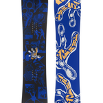 Two graphic snowboards in blue and black, upright side-by-side