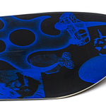 Black snowboard base with blue abstract shapes and textured pattern