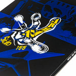 Black and blue snowboard deck with white/yellow character art and 155 marking
