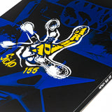 Black and blue snowboard deck with white/yellow character art and 155 marking