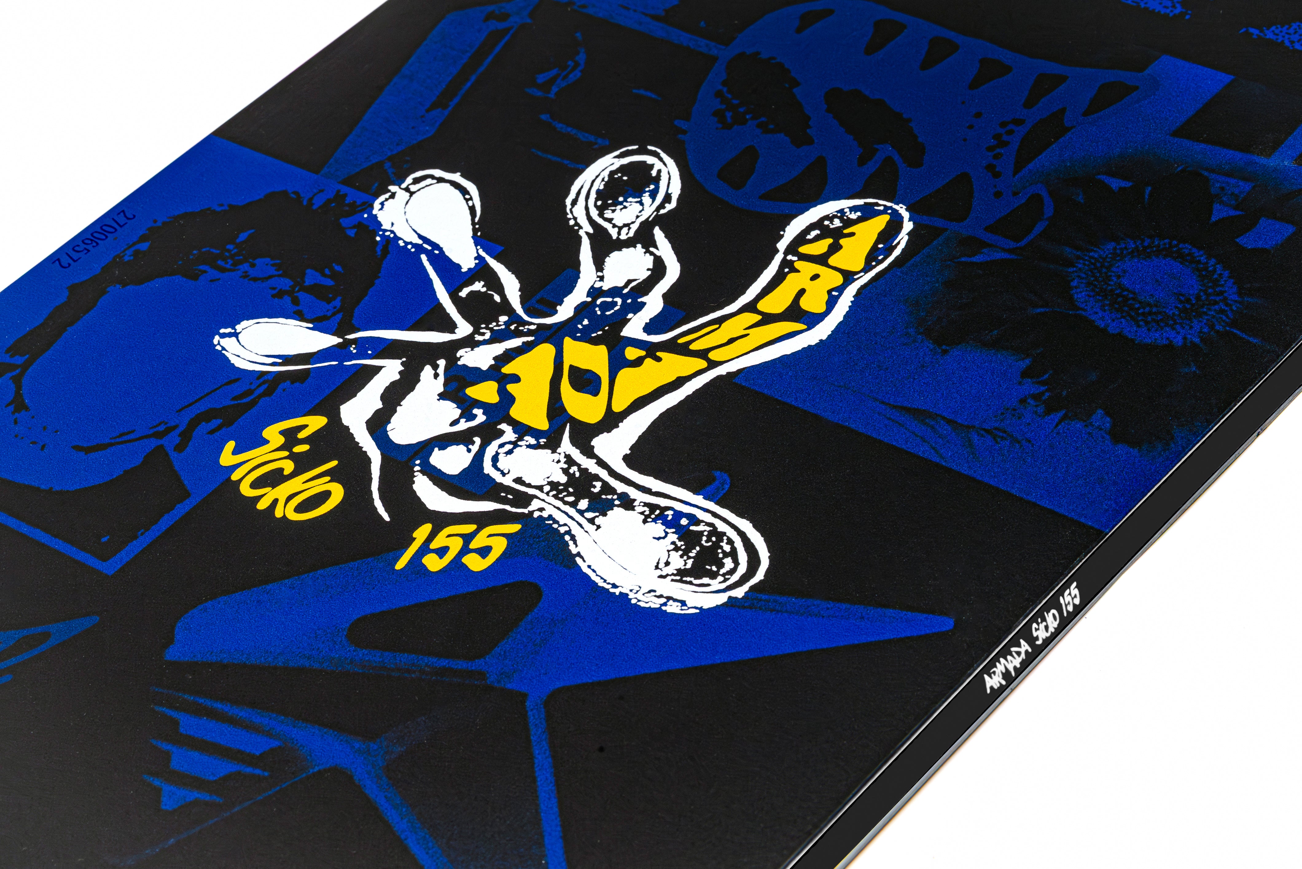 Black and blue snowboard deck with white/yellow character art and 155 marking