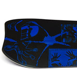 Black snowboard with blue abstract graphics on side, small hardware detail