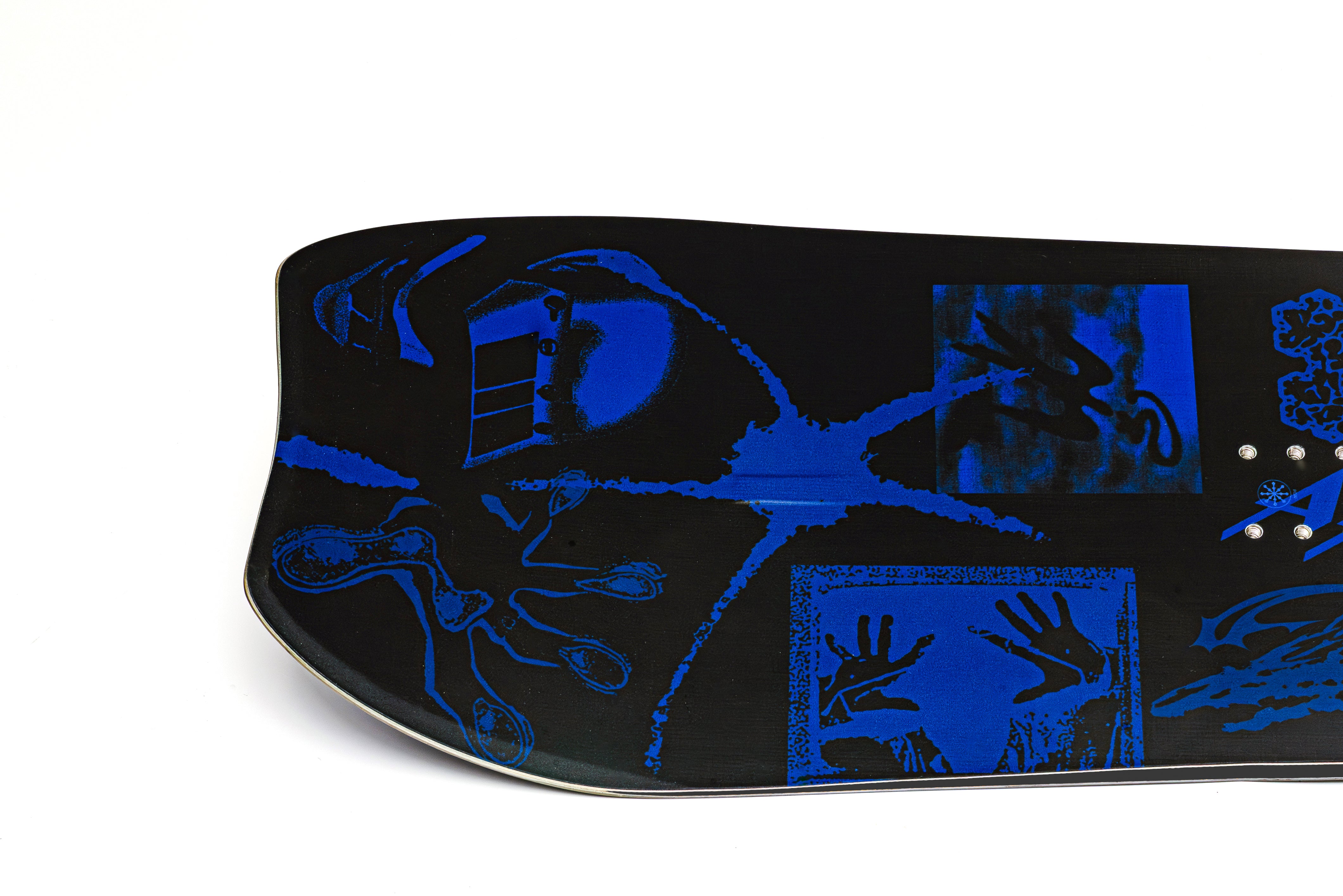 Black snowboard with blue abstract graphics on side, small hardware detail