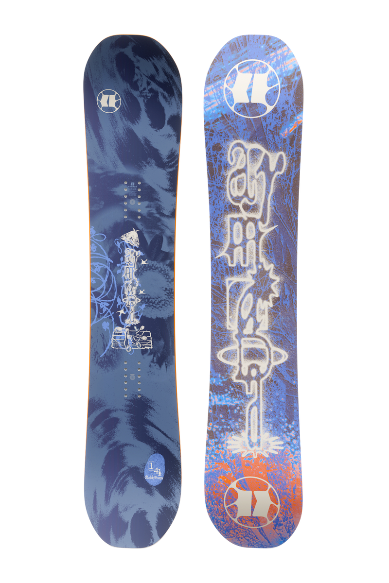 Pair of blue snowboards with white logos, tie-dye graphics, and orange accents