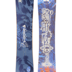 Pair of blue snowboards with white logos, tie-dye graphics, and orange accents