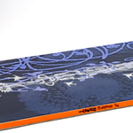 Blue snowboard with white line graphics and orange side edge