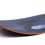 Snowboard nose in dark blue with orange trim and white emblem