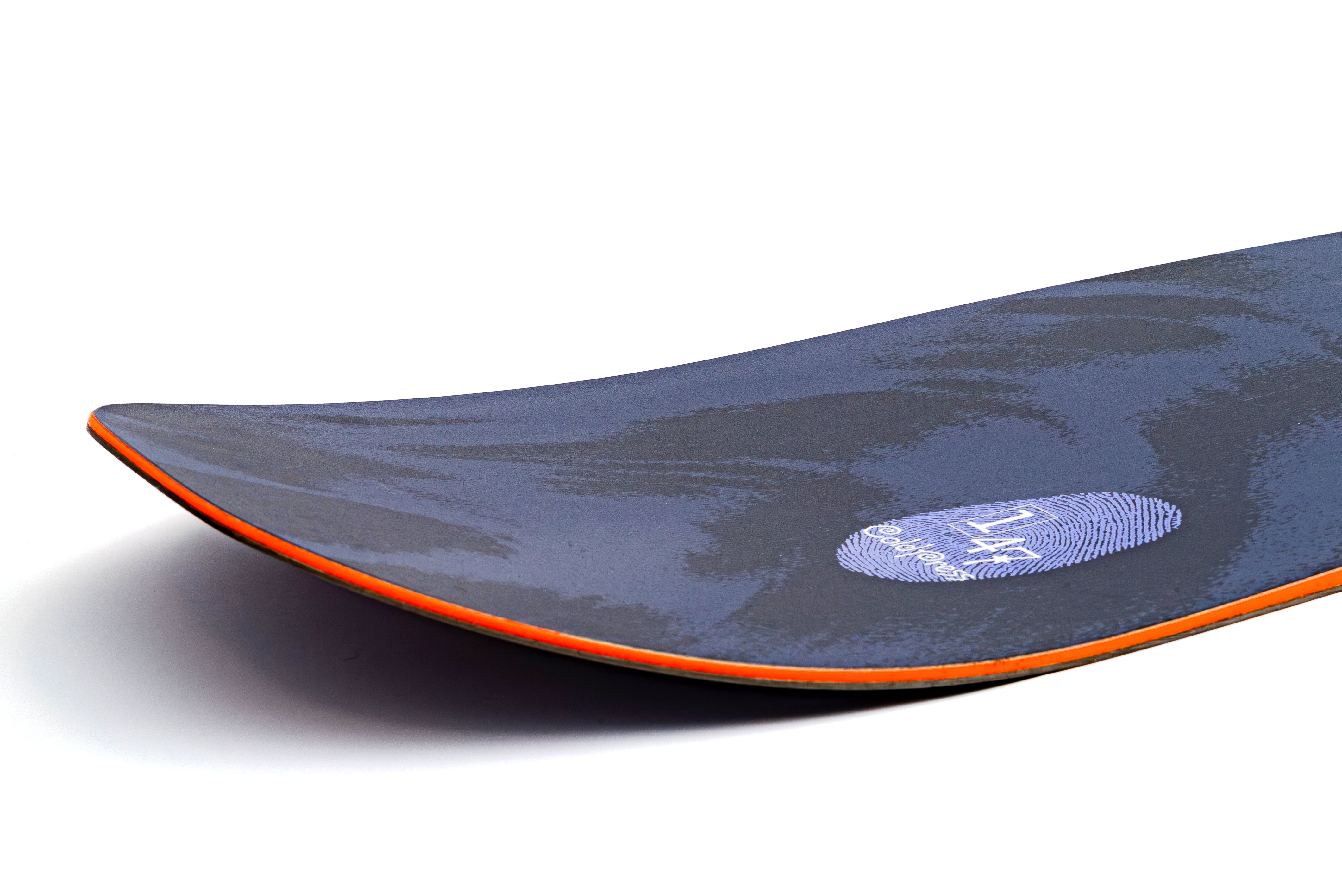 Snowboard nose in dark blue with orange trim and white emblem