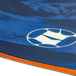 Blue snowboard deck with white oval logo and orange edge
