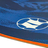 Blue snowboard deck with white oval logo and orange edge