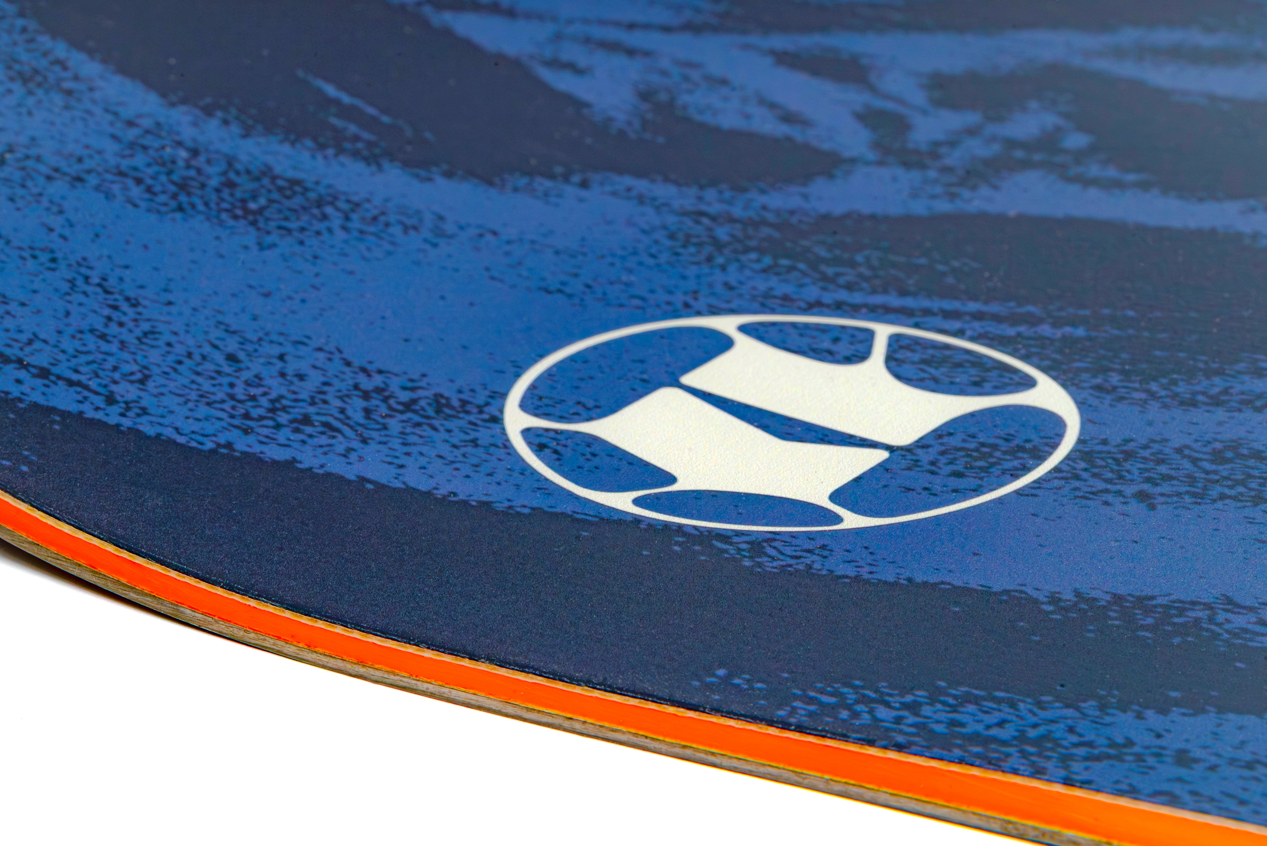 Blue snowboard deck with white oval logo and orange edge