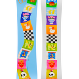Pair of light blue snowboards with colorful character graphics and black checker patterns