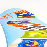Light blue snowboard with colorful graphic panels and black checker stripe